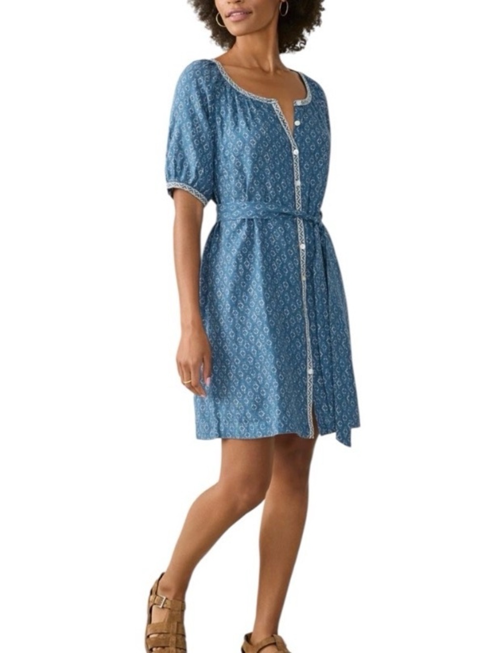 Faherty Key Largo Blue Carmel 100% Linen Cottagecore Dress Size Medium